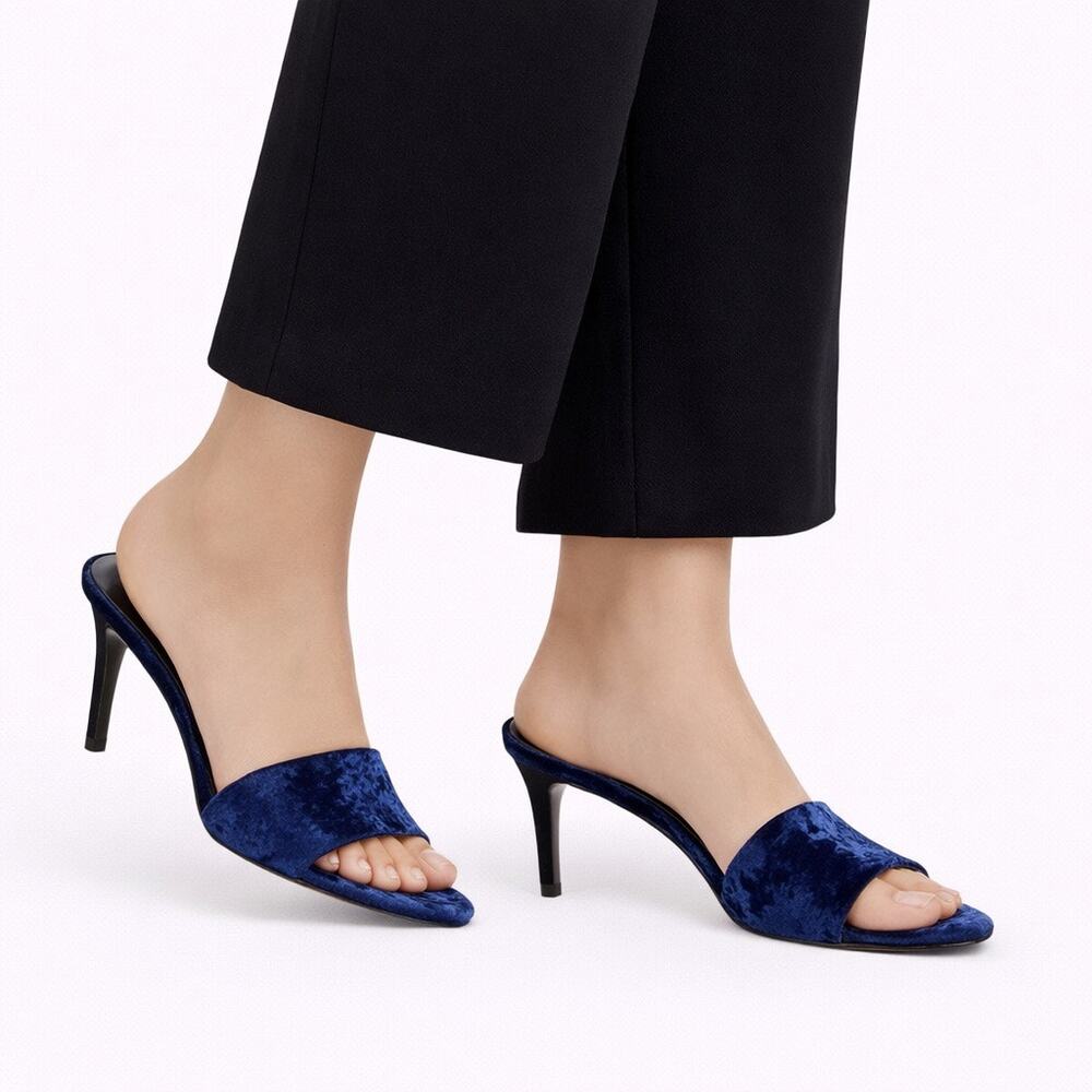 Ann Taylor Velvet Open Toe Heeled Mule Sandal Blue Size 6.5M